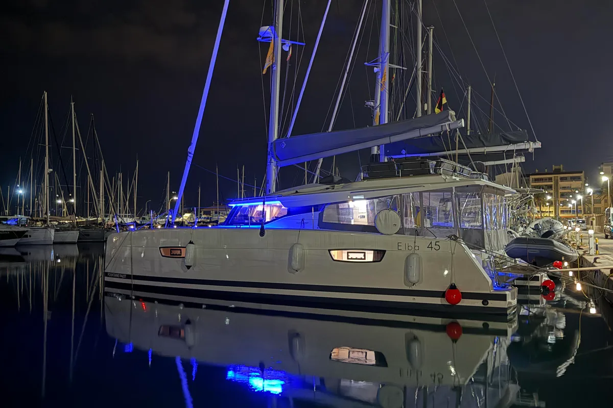 Exterior view of Yara, a Fountaine Pajot Elba 45 catamaran at Palma de Mallorca, Spain