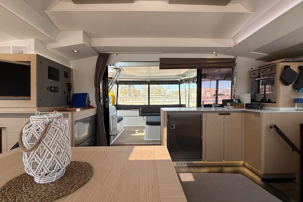 Salon of Yara, a Fountaine Pajot Elba 45 catamaran at Palma de Mallorca, Spain