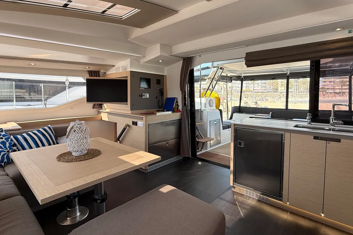Salon of Yara, a Fountaine Pajot Elba 45 catamaran at Palma de Mallorca, Spain