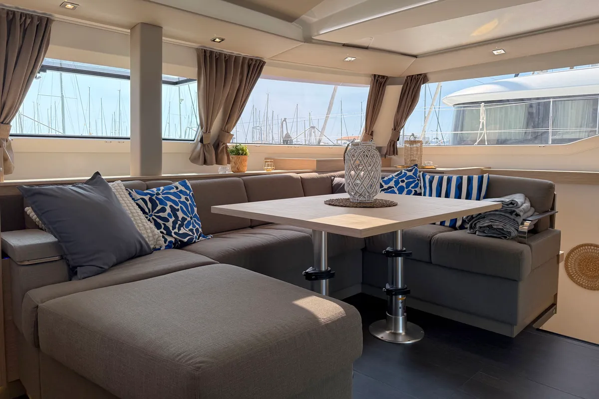 Salon of Yara, a Fountaine Pajot Elba 45 catamaran at Palma de Mallorca, Spain