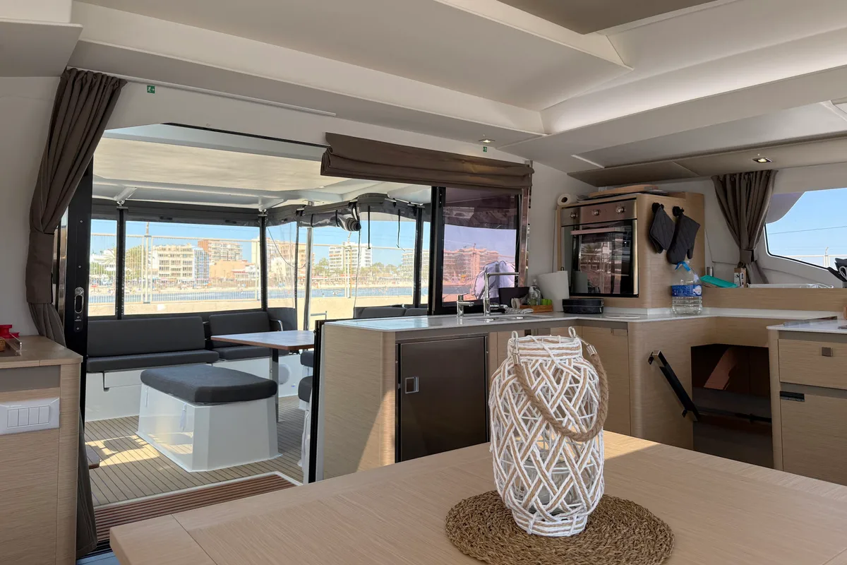 Salon of Yara, a Fountaine Pajot Elba 45 catamaran at Palma de Mallorca, Spain