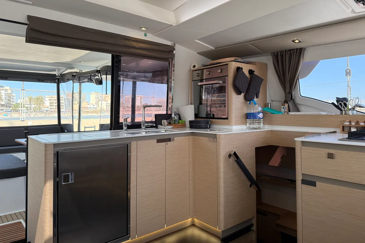 Galley of Yara, a Fountaine Pajot Elba 45 catamaran at Palma de Mallorca, Spain
