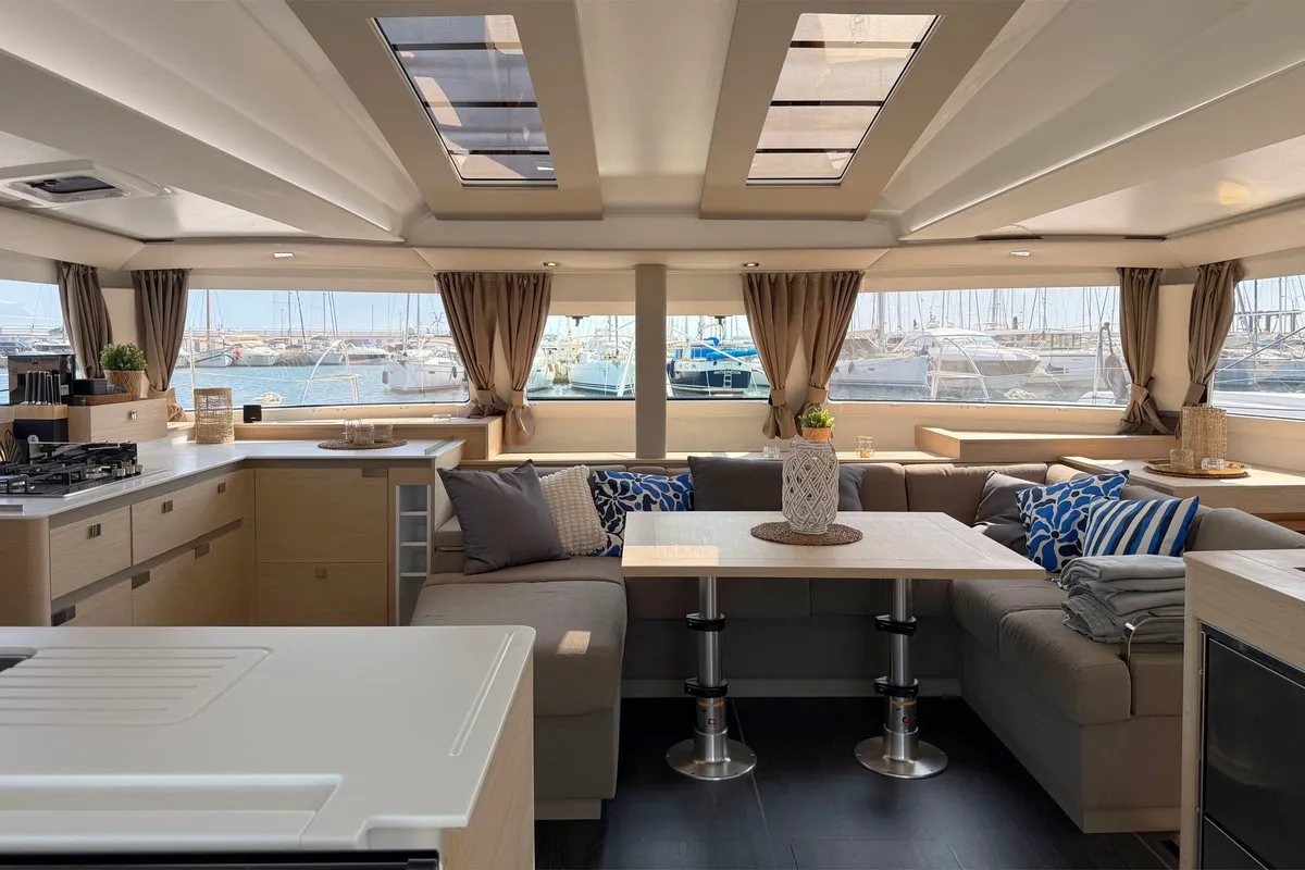 Salon of Yara, a Fountaine Pajot Elba 45 catamaran at Palma de Mallorca, Spain