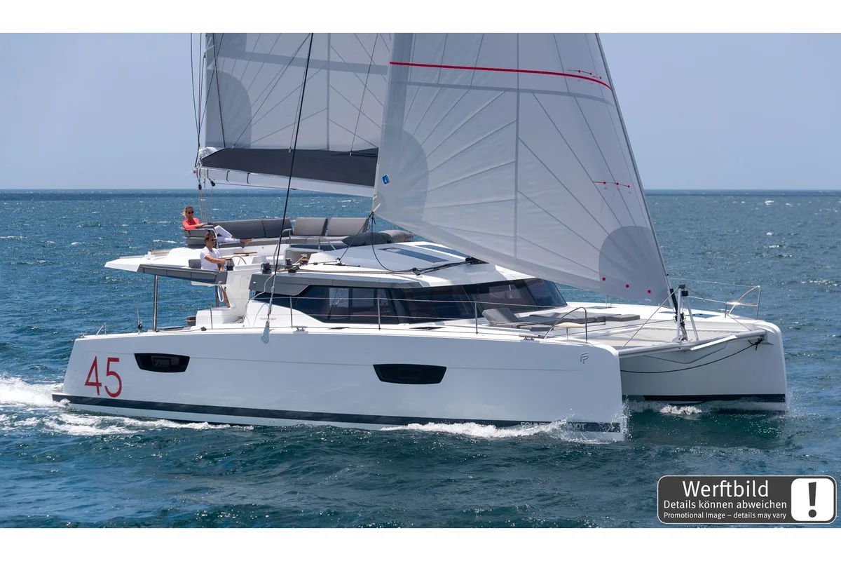 Exterior view of Yara, a Fountaine Pajot Elba 45 catamaran at Palma de Mallorca, Spain