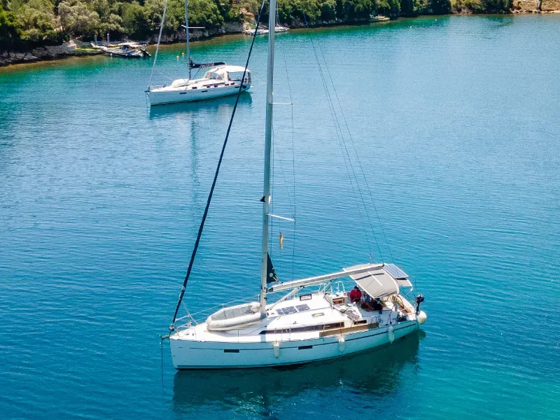 Exterior view of Iwona, a Bavaria 37 sailboat at Municipal Unit of Lefkada, Greece