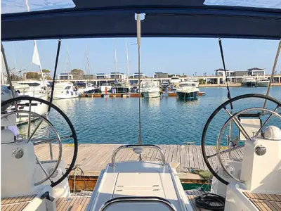 Cockpit of Misty, a Jeanneau Sun Odyssey 519 sailboat at Municipal Unit of Palairos, Greece