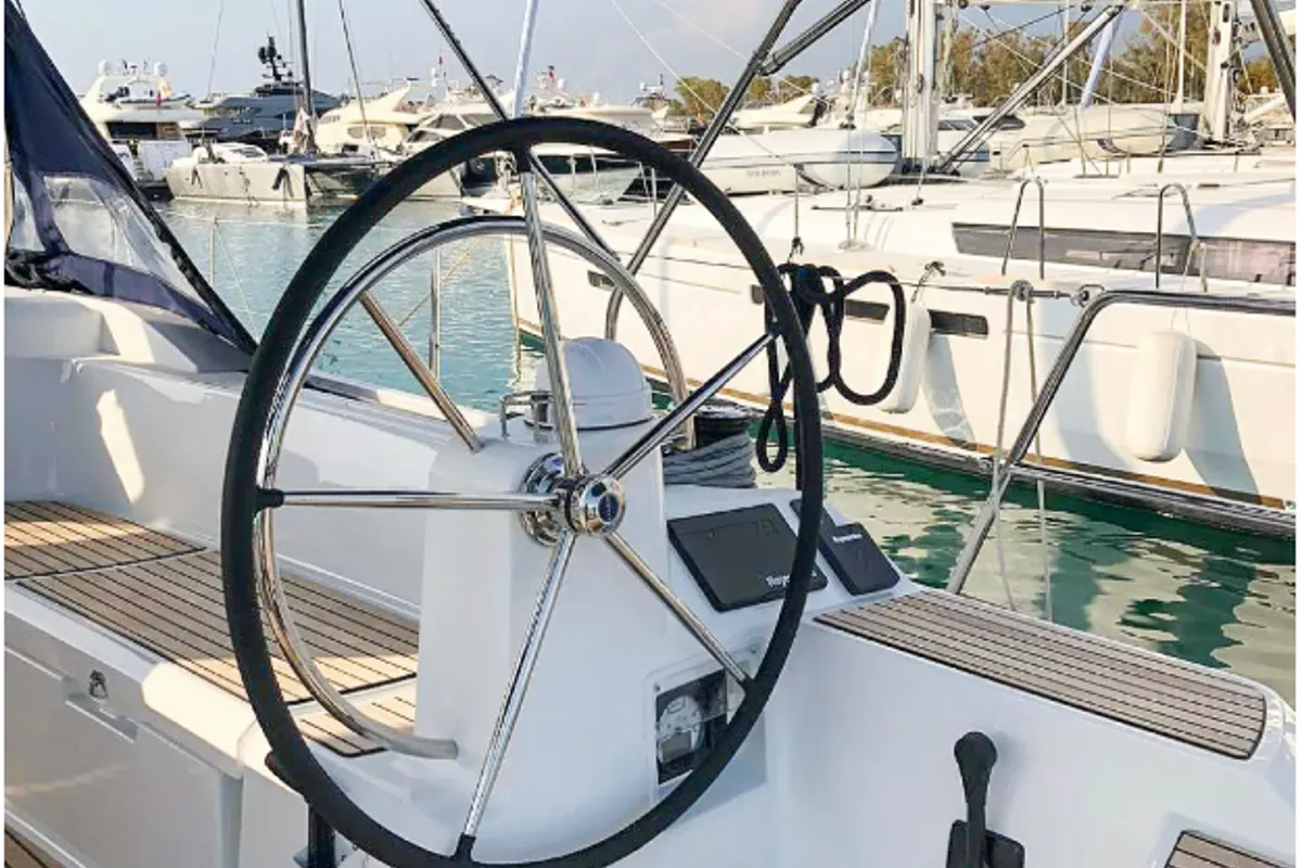 Cockpit of Misty, a Jeanneau Sun Odyssey 519 sailboat at Municipal Unit of Palairos, Greece
