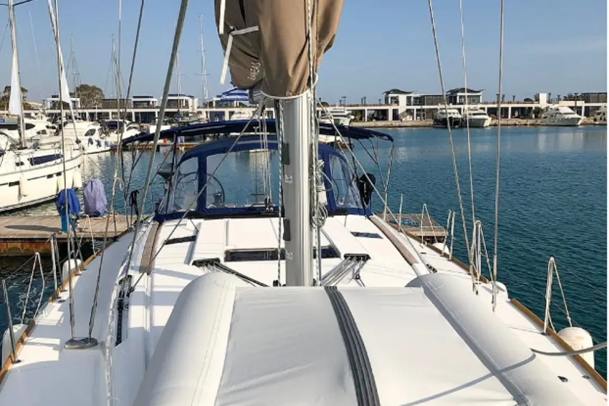 Deck of Misty, a Jeanneau Sun Odyssey 519 sailboat at Municipal Unit of Palairos, Greece
