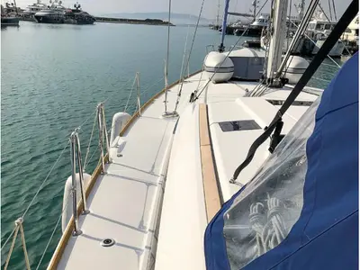 Deck of Misty, a Jeanneau Sun Odyssey 519 sailboat at Municipal Unit of Palairos, Greece