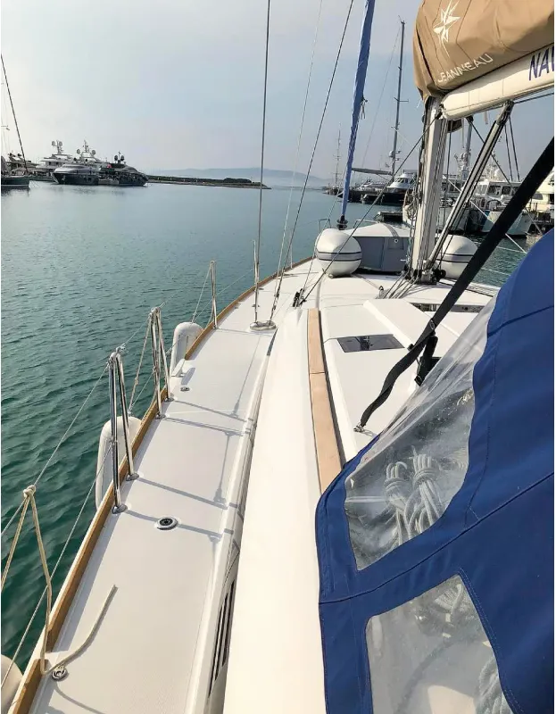 Deck of Misty, a Jeanneau Sun Odyssey 519 sailboat at Municipal Unit of Palairos, Greece