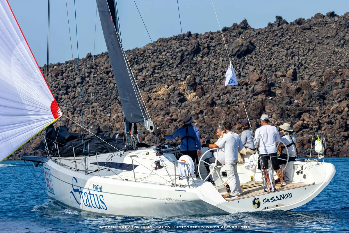 Exterior view of Susano'o, a Italia Yachts 11.98 sailboat at Piraeus, Greece
