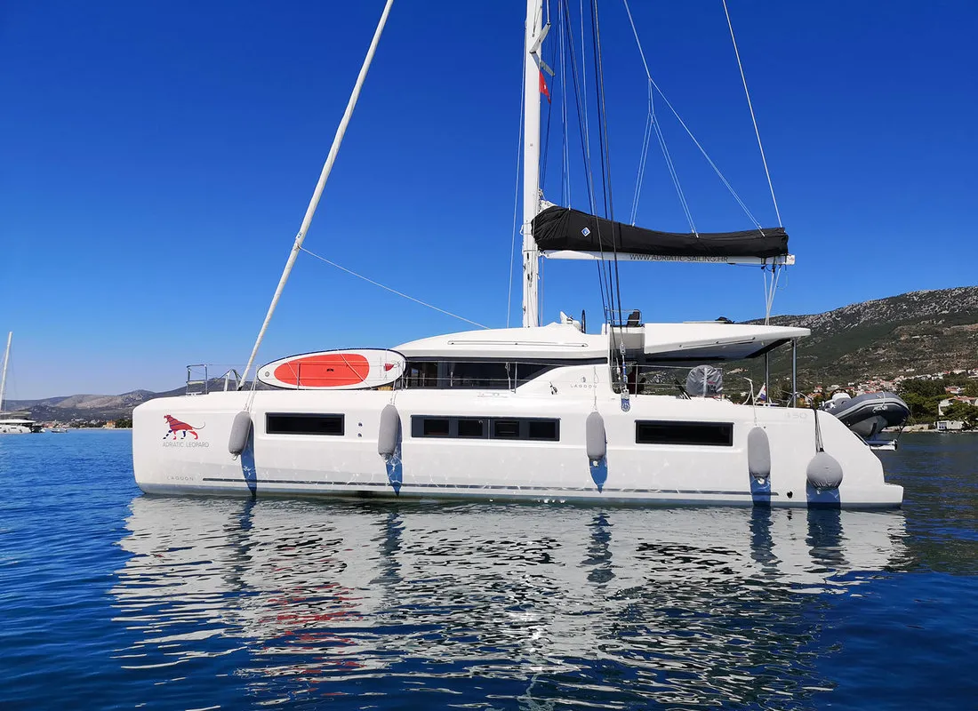 Exterior view of Adriatic Leopard, a Lagoon 50 catamaran at Grad Kaštela, Croatia