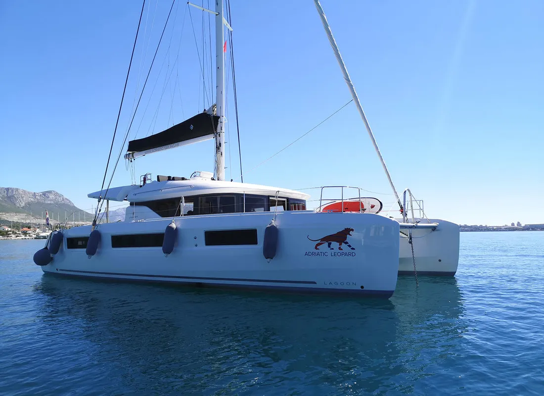 Exterior view of Adriatic Leopard, a Lagoon 50 catamaran at Grad Kaštela, Croatia