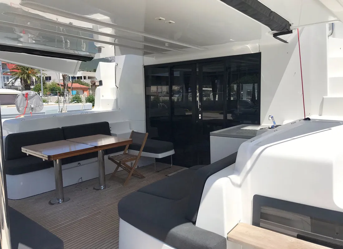 Deck of Adriatic Leopard, a Lagoon 50 catamaran at Grad Kaštela, Croatia