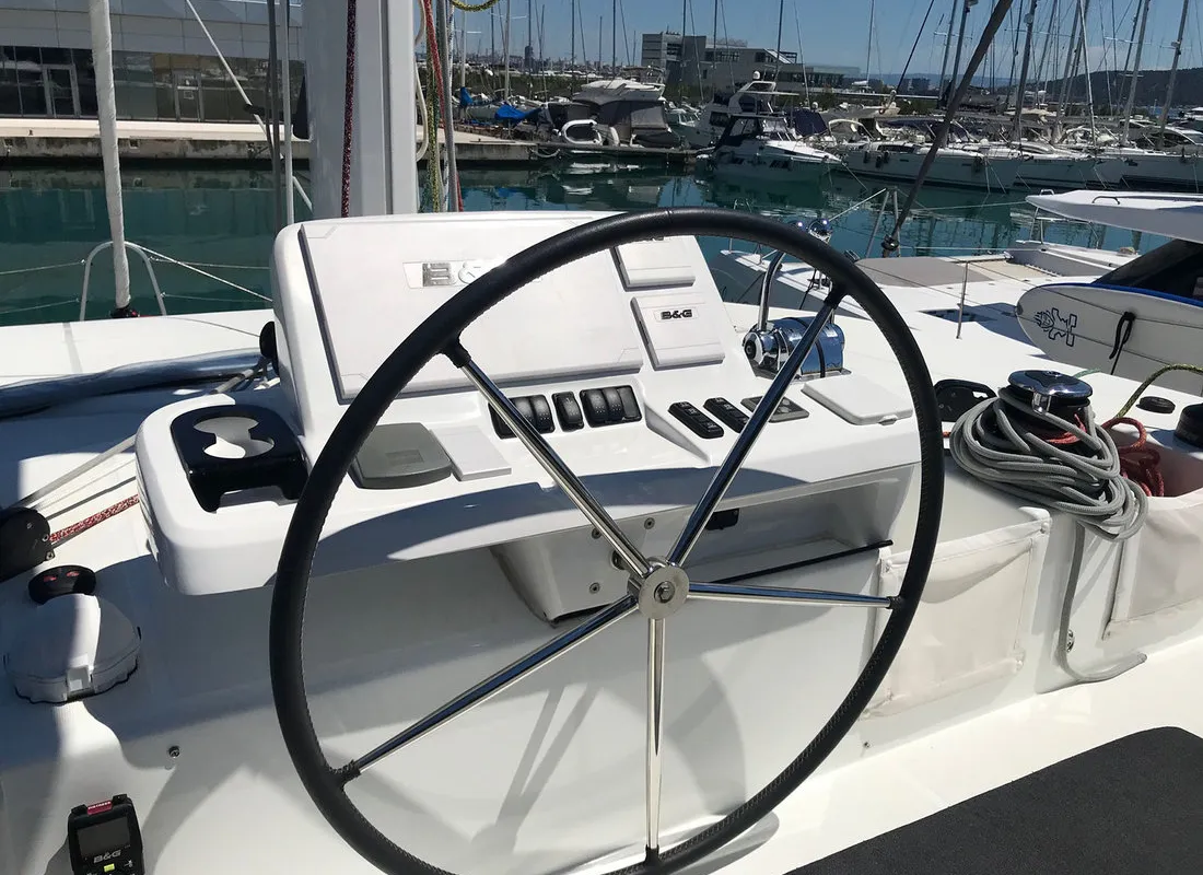 Cockpit of Adriatic Leopard, a Lagoon 50 catamaran at Grad Kaštela, Croatia