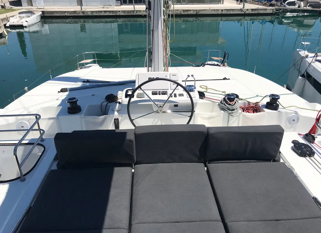 Cockpit of Adriatic Leopard, a Lagoon 50 catamaran at Grad Kaštela, Croatia