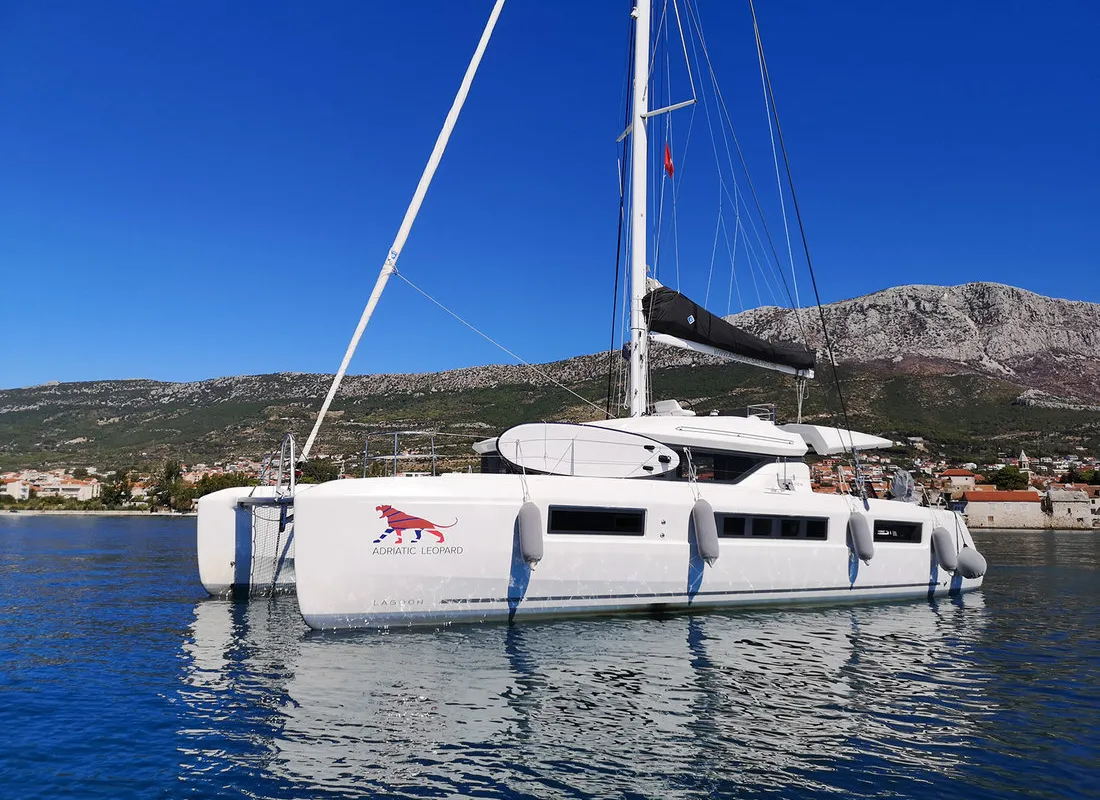 Exterior view of Adriatic Leopard, a Lagoon 50 catamaran at Grad Kaštela, Croatia