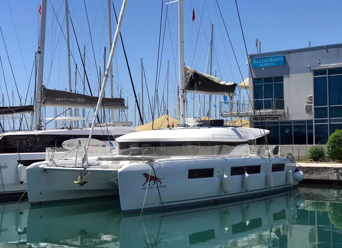 Exterior view of Adriatic Leopard, a Lagoon 50 catamaran at Grad Kaštela, Croatia