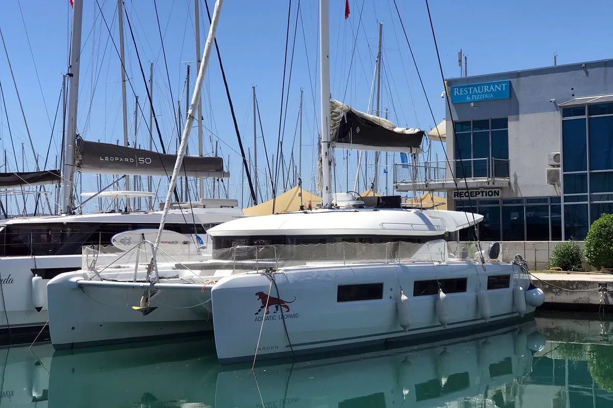 Exterior view of Adriatic Leopard, a Lagoon 50 catamaran at Grad Kaštela, Croatia