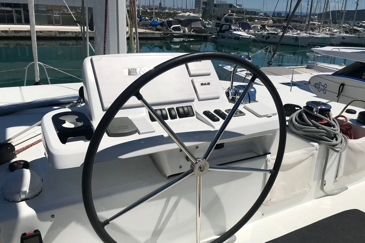 Cockpit of Adriatic Leopard, a Lagoon 50 catamaran at Grad Kaštela, Croatia