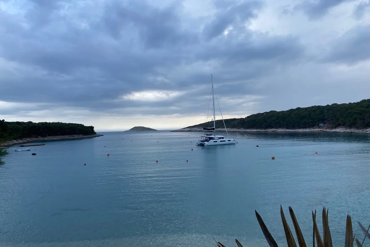 Exterior view of Adriatic Leopard, a Lagoon 50 catamaran at Grad Kaštela, Croatia