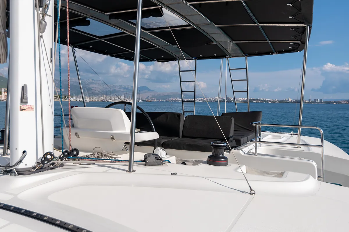 Cockpit of Adriatic Leopard, a Lagoon 50 catamaran at Grad Kaštela, Croatia