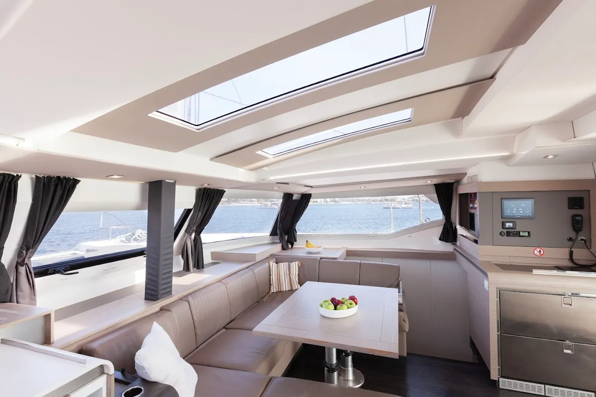 Salon of Olympus, a Fountaine Pajot Elba 45 catamaran at Athens, Greece