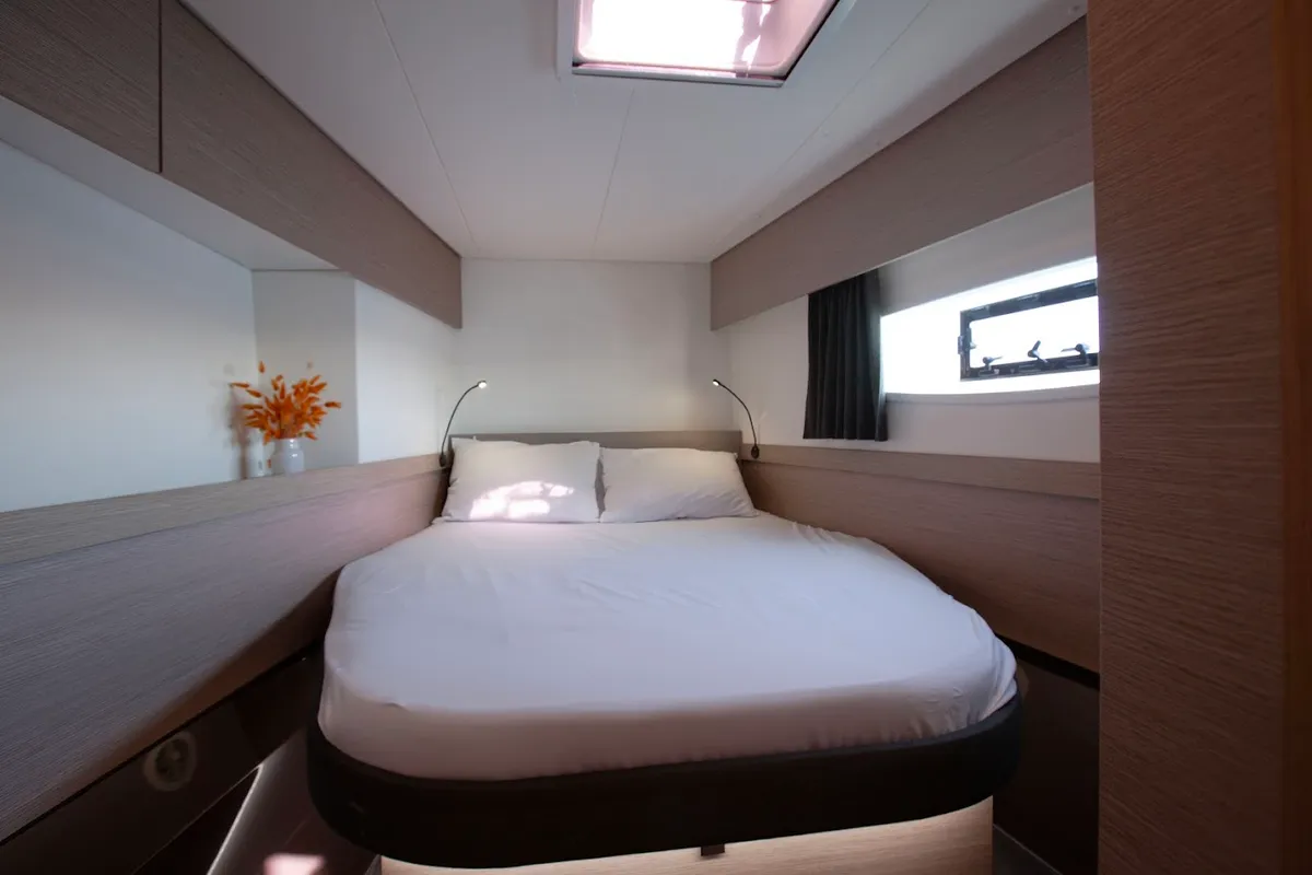 Cabin on Olympus, a Fountaine Pajot Elba 45 catamaran at Athens, Greece