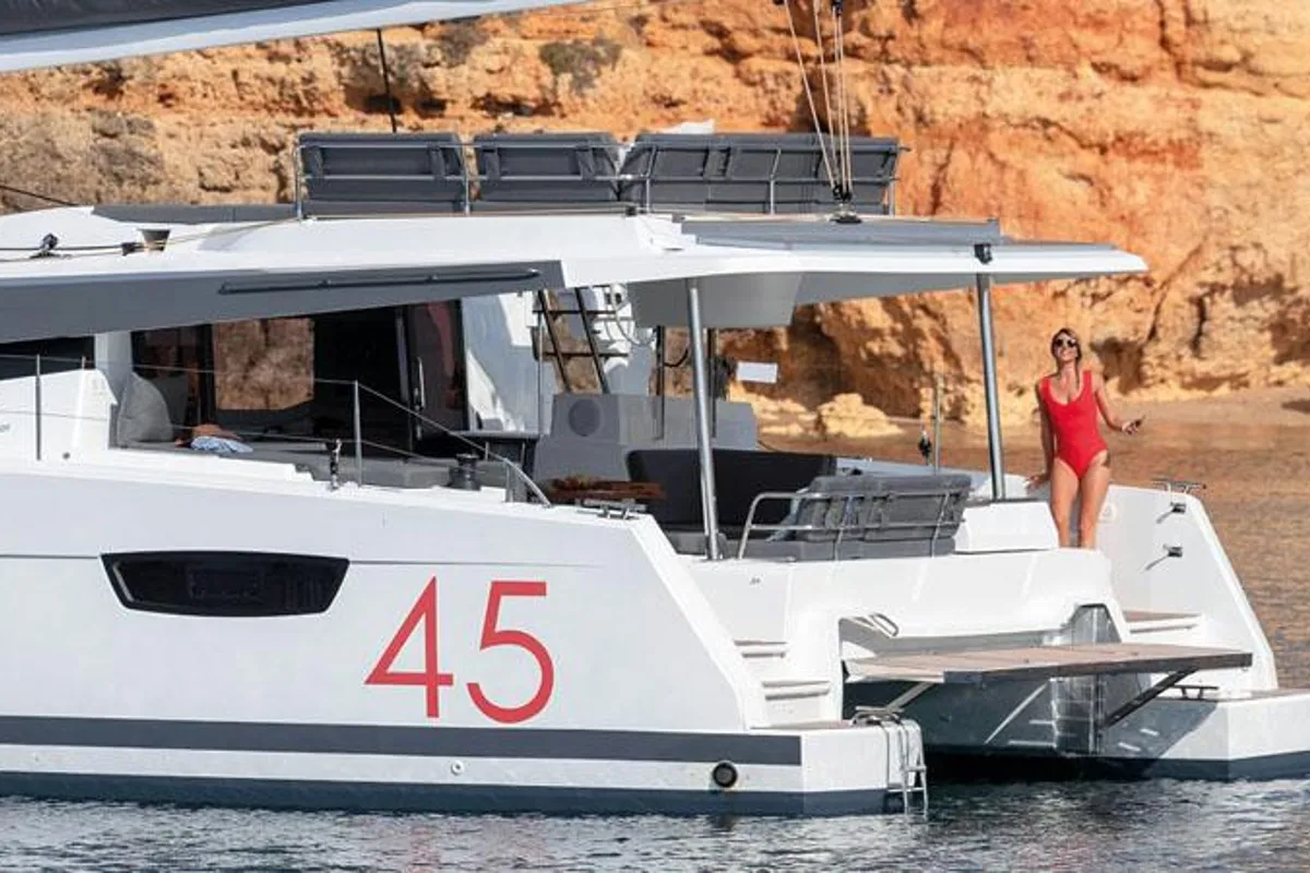 Exterior view of Olympus, a Fountaine Pajot Elba 45 catamaran at Athens, Greece