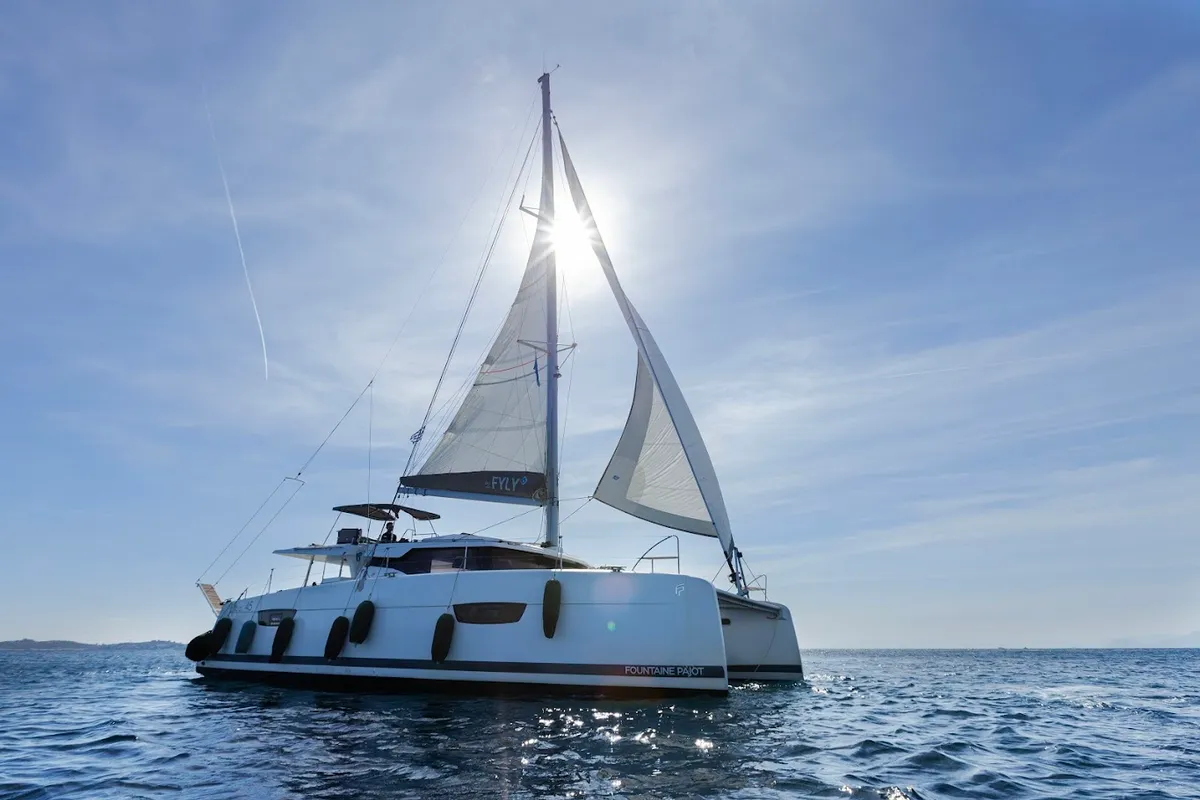 Exterior view of Olympus, a Fountaine Pajot Elba 45 catamaran at Athens, Greece