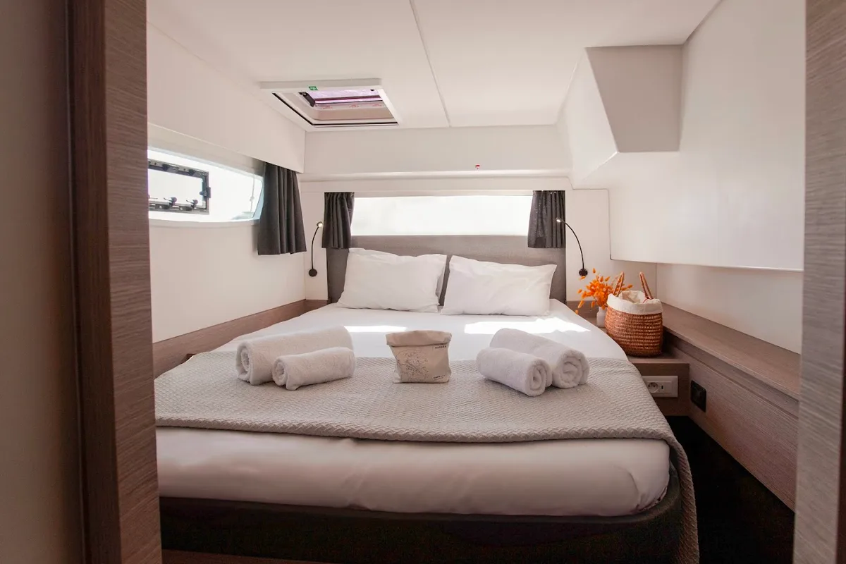 Cabin on Olympus, a Fountaine Pajot Elba 45 catamaran at Athens, Greece