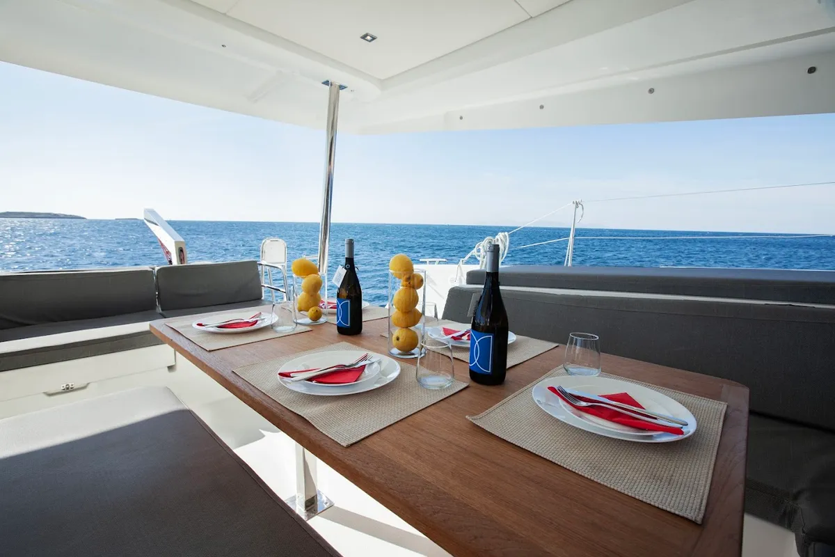 Deck of Olympus, a Fountaine Pajot Elba 45 catamaran at Athens, Greece