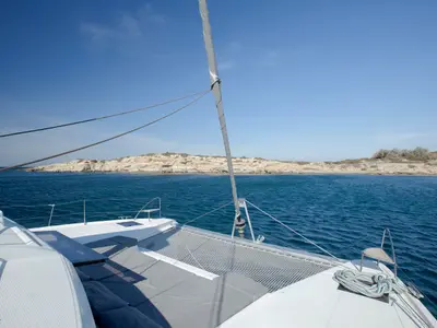 Deck of Olympus, a Fountaine Pajot Elba 45 catamaran at Athens, Greece