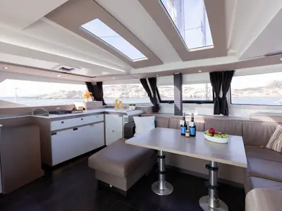 Salon of Olympus, a Fountaine Pajot Elba 45 catamaran at Athens, Greece