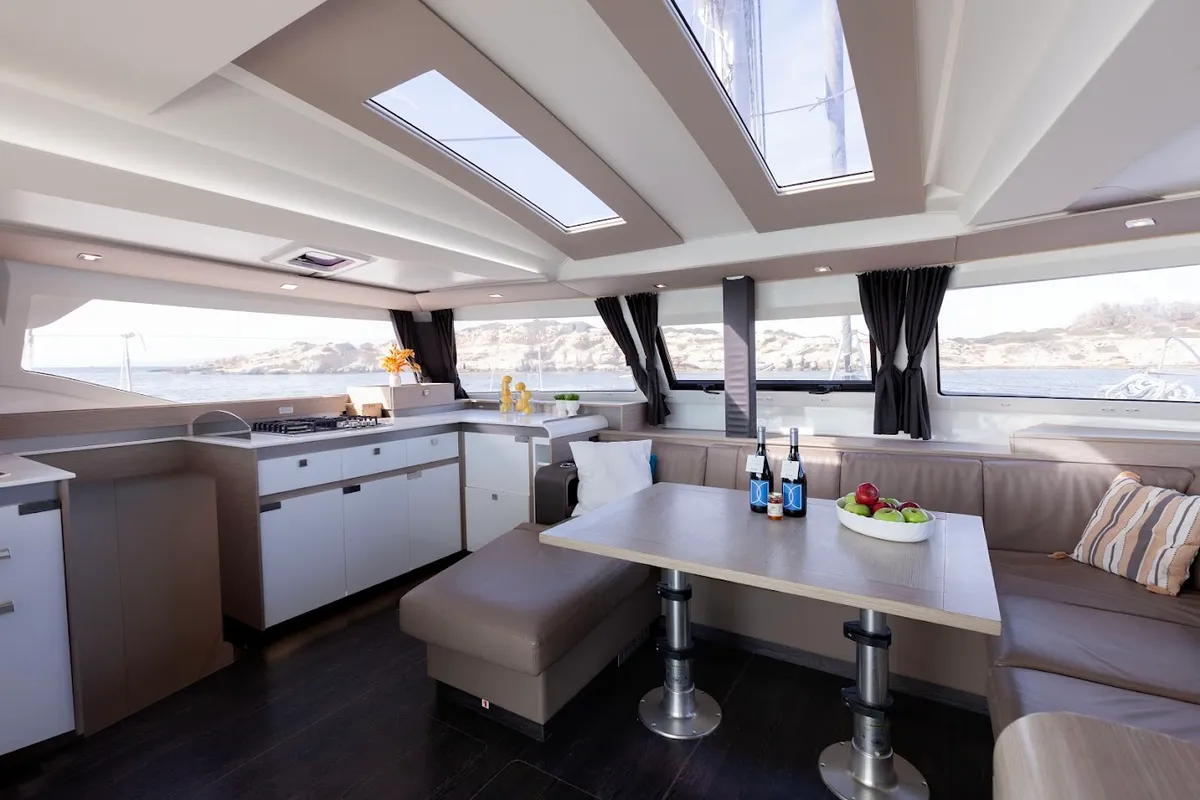 Salon of Olympus, a Fountaine Pajot Elba 45 catamaran at Athens, Greece