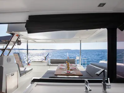Galley of Olympus, a Fountaine Pajot Elba 45 catamaran at Athens, Greece