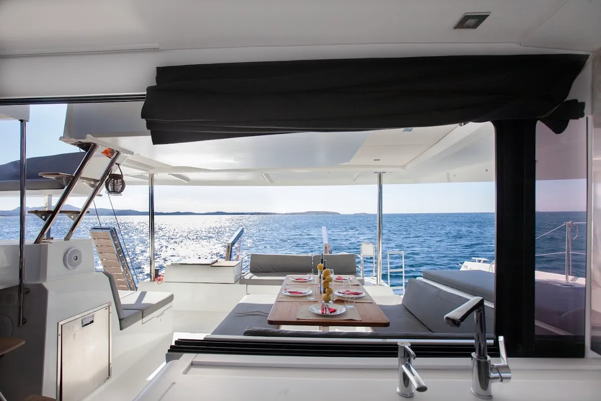 Galley of Olympus, a Fountaine Pajot Elba 45 catamaran at Athens, Greece