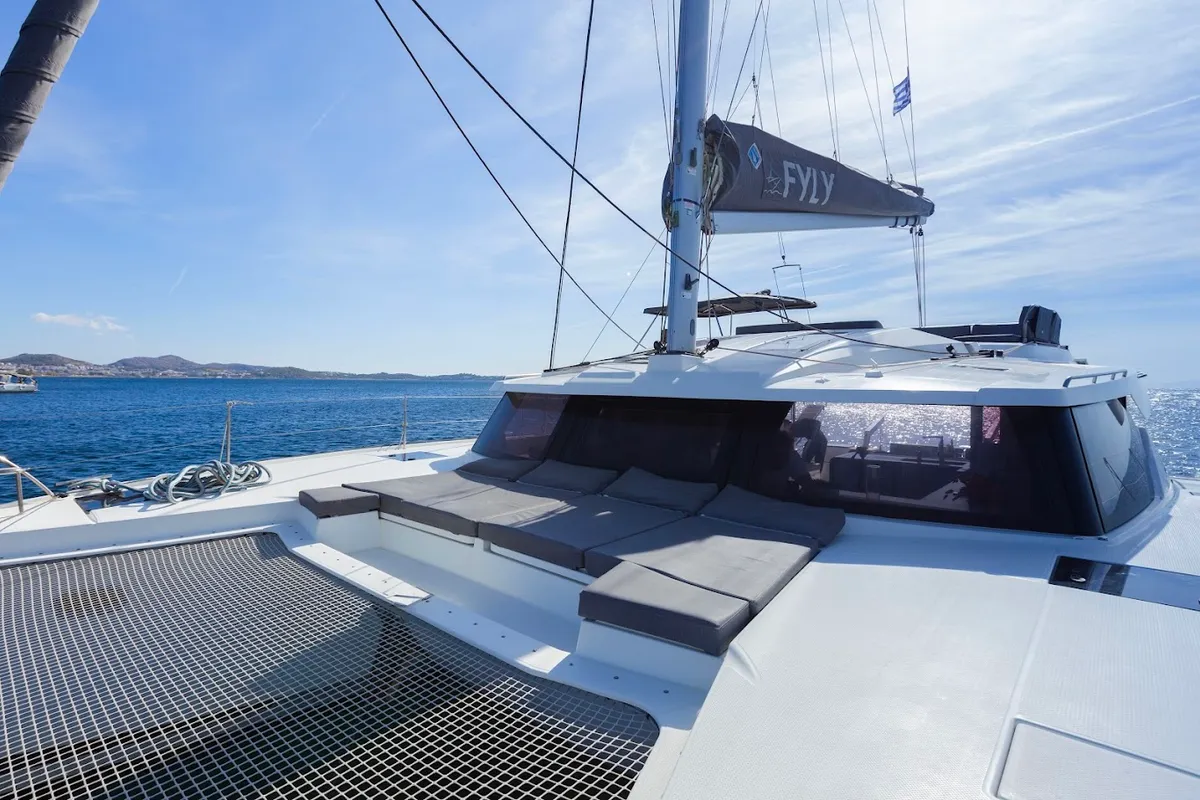 Deck of Olympus, a Fountaine Pajot Elba 45 catamaran at Athens, Greece