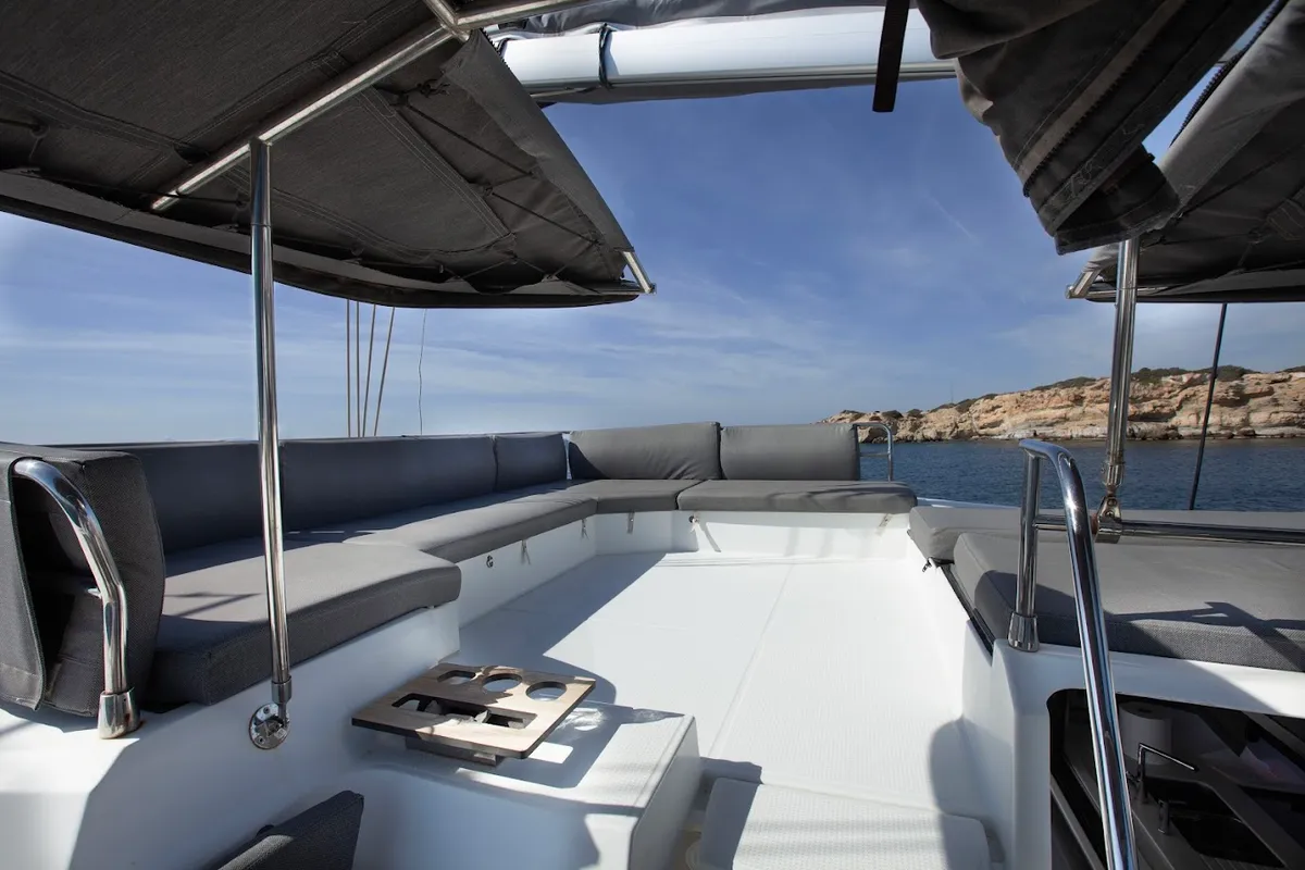 Deck of Olympus, a Fountaine Pajot Elba 45 catamaran at Athens, Greece