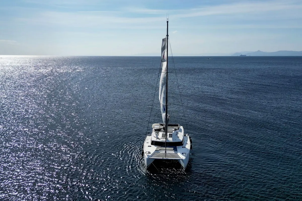Exterior view of Olympus, a Fountaine Pajot Elba 45 catamaran at Athens, Greece