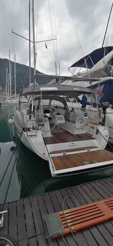 Exterior view of Angelina, a Bavaria Cruiser 41 sailboat at Fethiye, Turkey