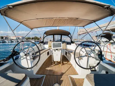 Cockpit of Aliki, a Jeanneau Sun Odyssey 439 sailboat at Preveza, Greece