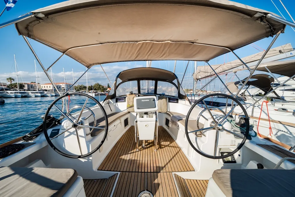 Cockpit of Aliki, a Jeanneau Sun Odyssey 439 sailboat at Preveza, Greece