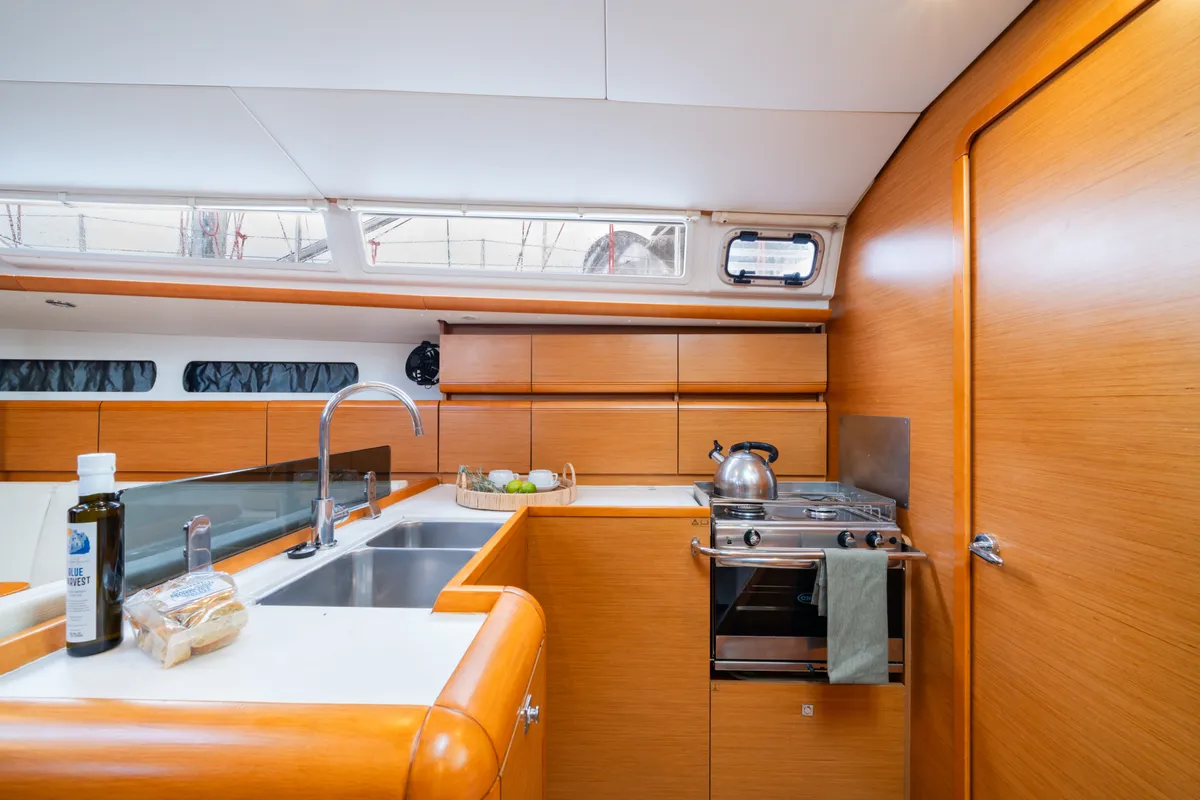 Galley of Aliki, a Jeanneau Sun Odyssey 439 sailboat at Preveza, Greece