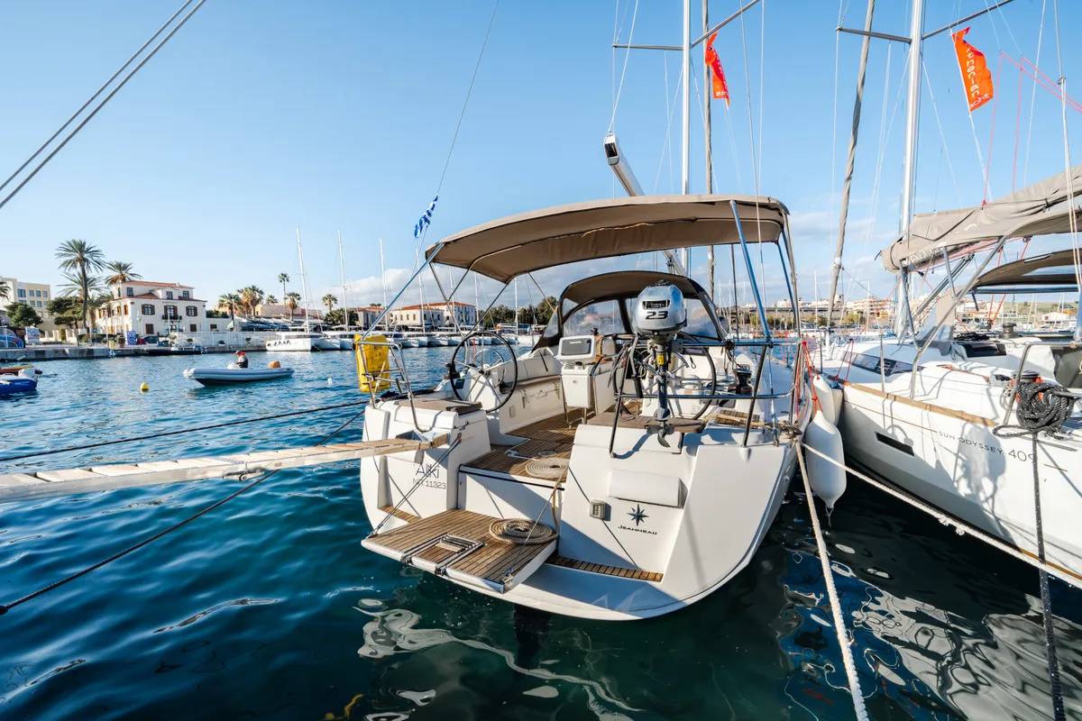 Exterior view of Aliki, a Jeanneau Sun Odyssey 439 sailboat at Preveza, Greece