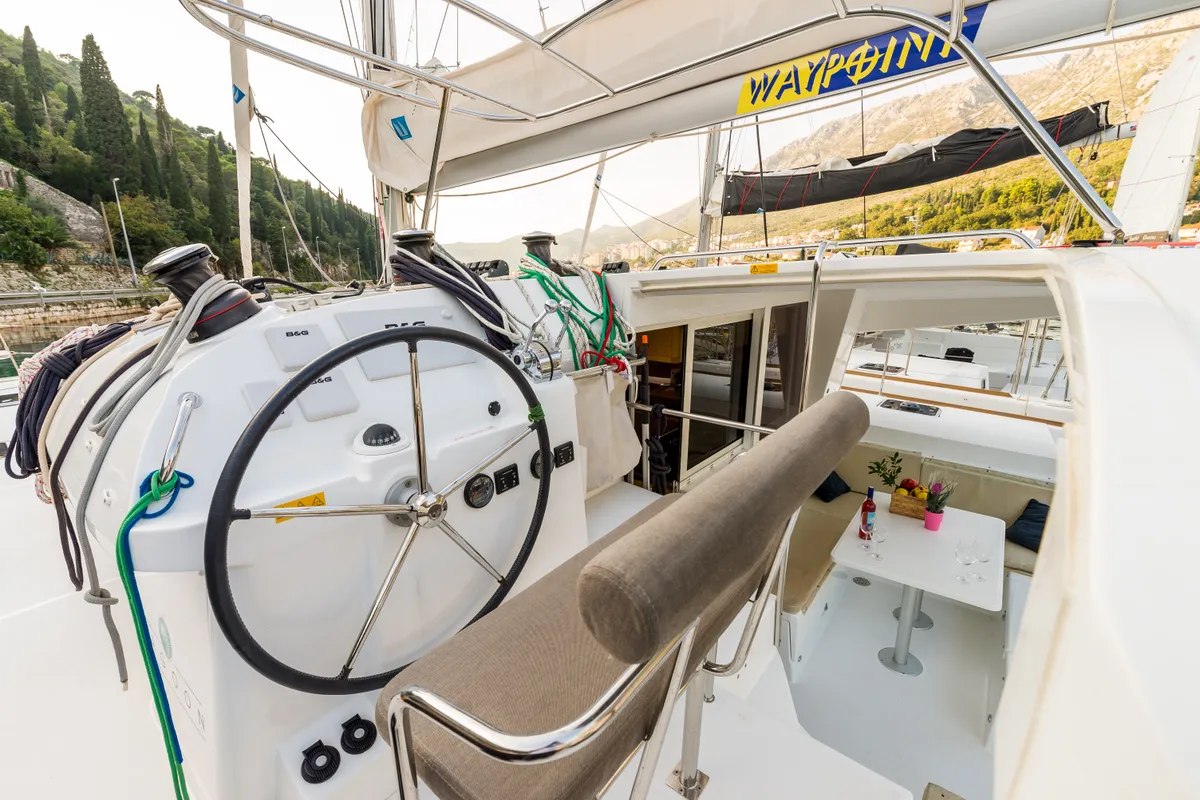 Cockpit of Summertime, a Lagoon 400 S2 catamaran at Split, Croatia