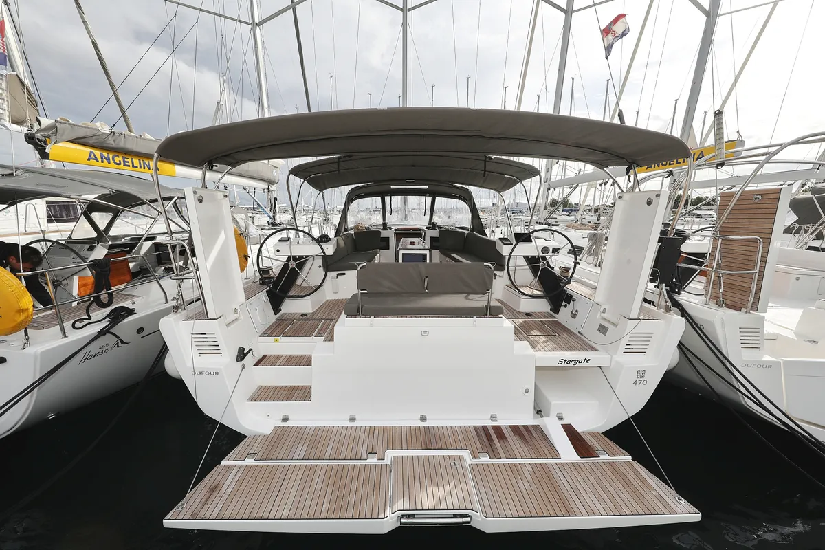 Exterior view of Stargate, a Dufour 470 sailboat at Općina Sukošan, Croatia