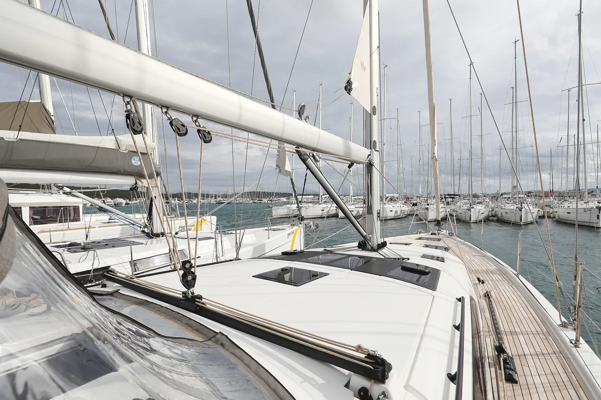 Deck of Stargate, a Dufour 470 sailboat at Općina Sukošan, Croatia