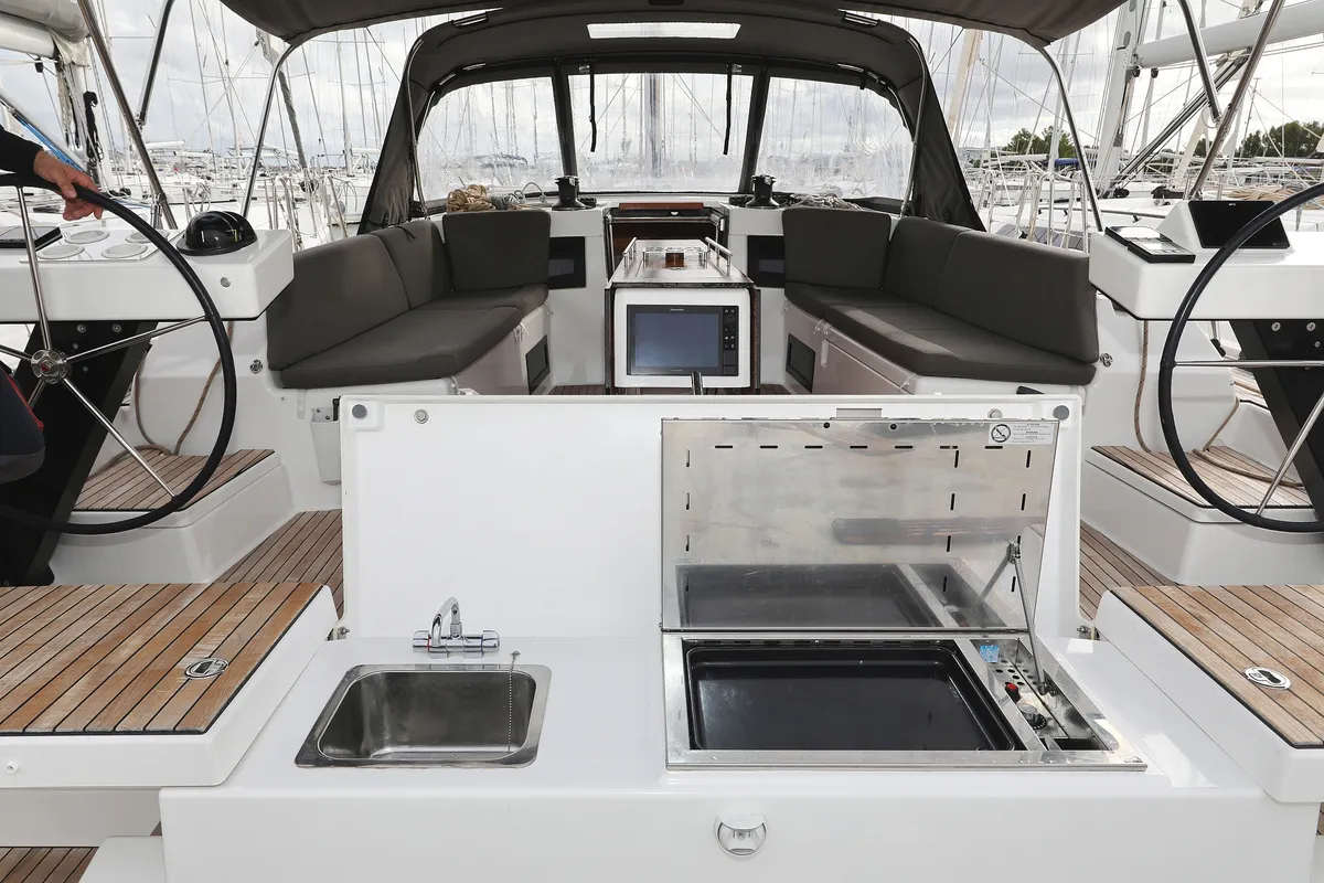 Deck of Stargate, a Dufour 470 sailboat at Općina Sukošan, Croatia