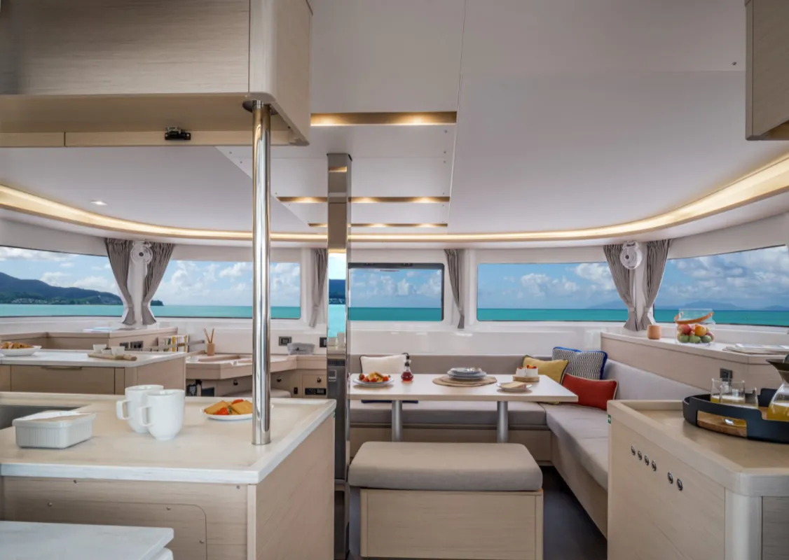 Salon of SunDay, a Lagoon 46 catamaran at Thira Municipal Unit, Greece